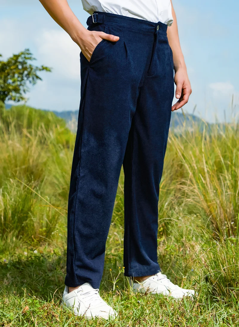 CAHOOT  Men's Navy Blue Tailored Waffle Trousers For Casual Wear | Mid-Rise | Regular Fit | Button Closure | Trousers Crafted With Comfort Fit For Everyday Wear for Men | Best Price UAE